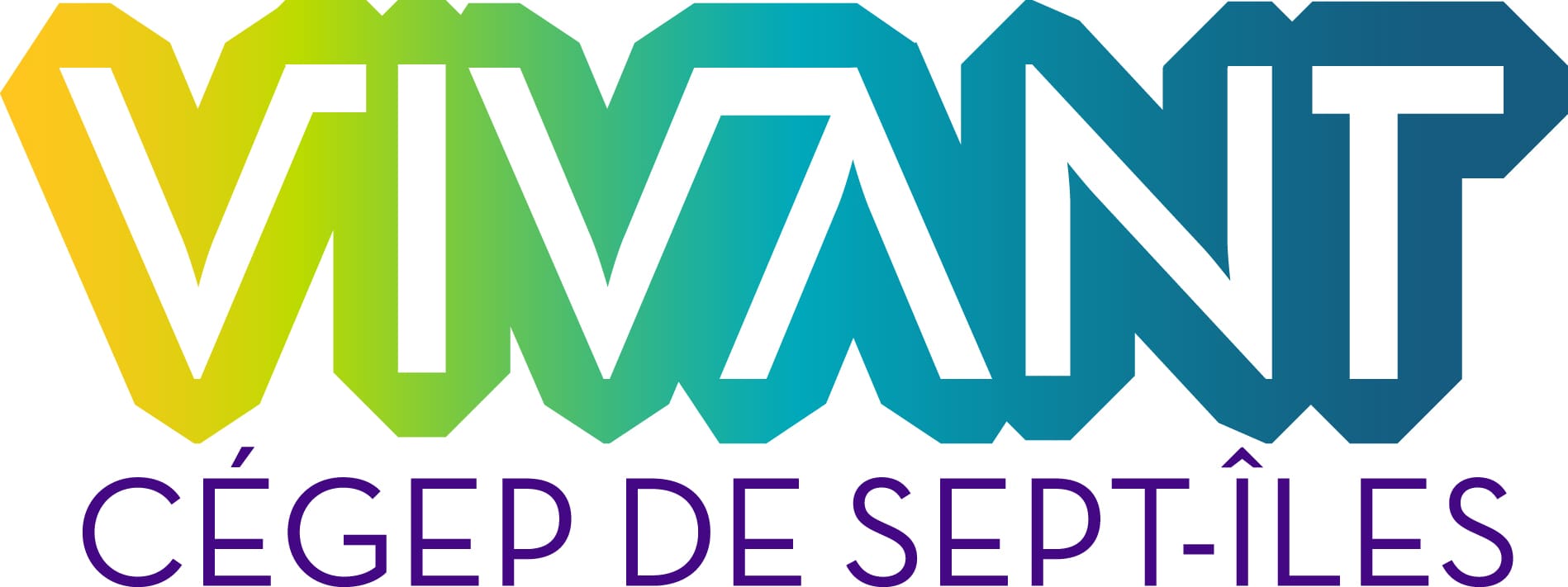 Logo comportant le mot « VIVANT » dans un dégradé de jaune, vert et bleu, et la mention « CÉGEP DE SEPT-ÎLES » inscrite en dessous en lettres majuscules violettes.