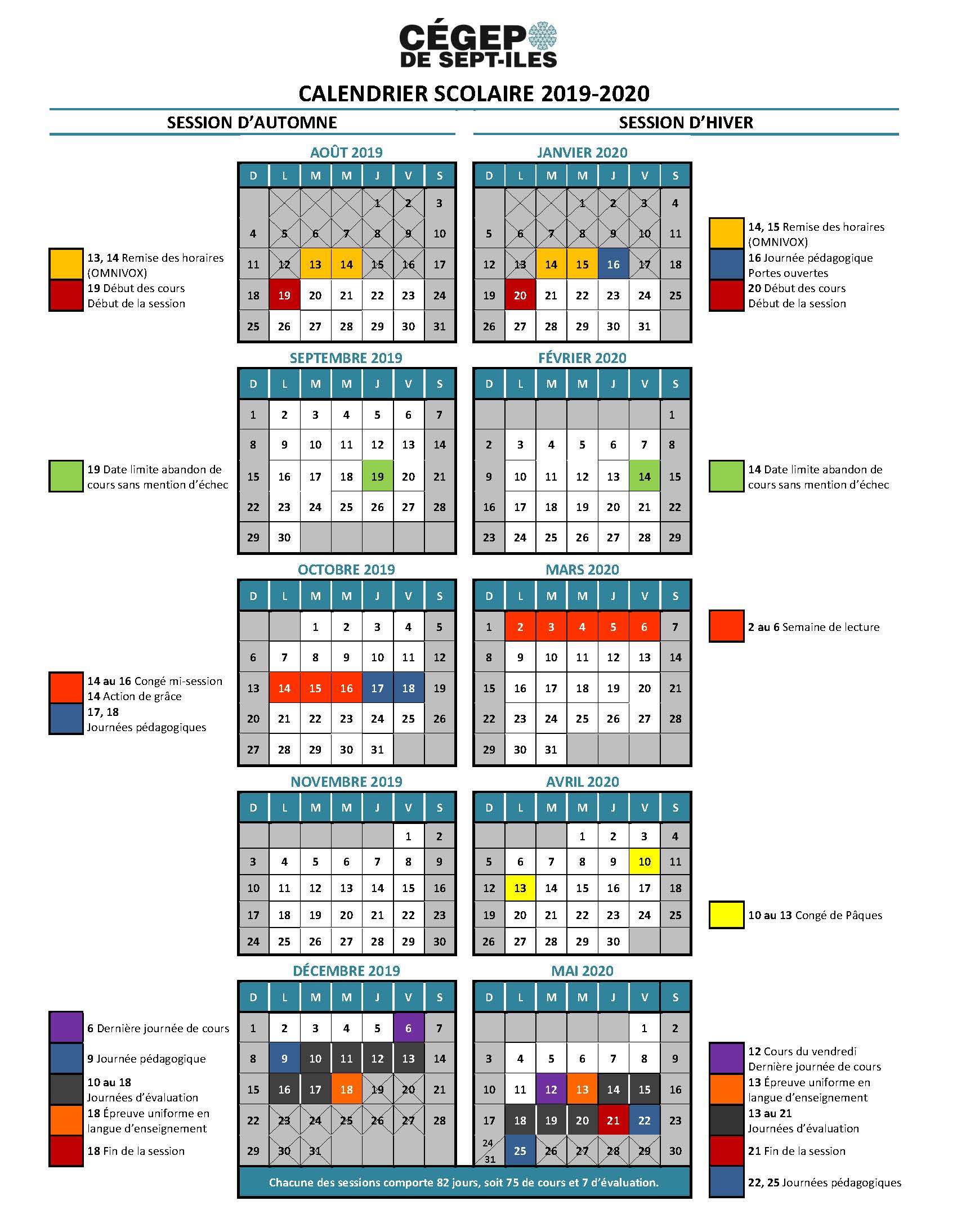 Calendrier scolaire Cégep de SeptÎles