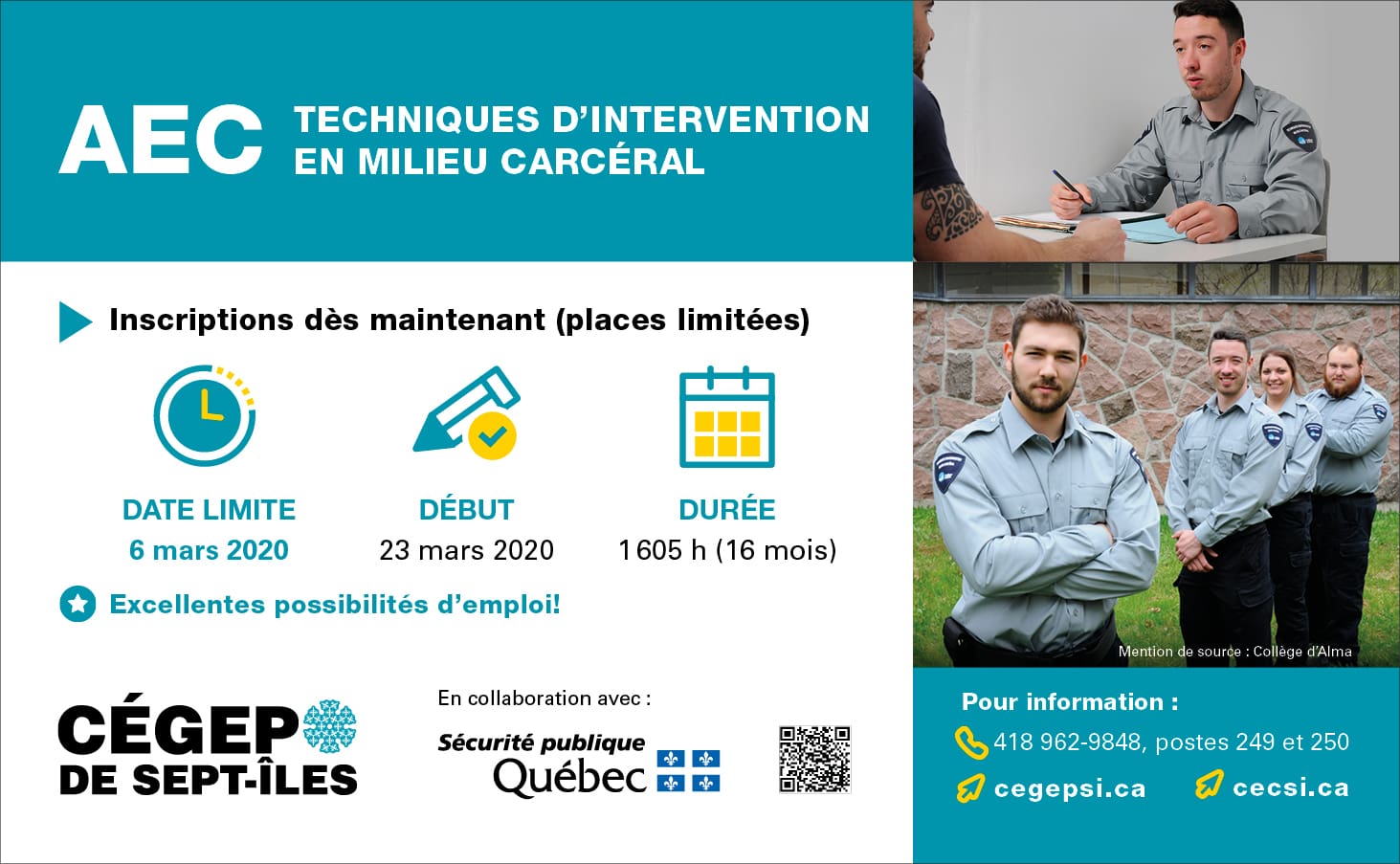 Dépliant promotionnel pour un programme d'intervention en milieu carcéral, comprenant les dates clés, la durée du programme, les coordonnées et des photos du personnel de sécurité. Les logos du Cégep de Sept-Îles et de la province de Québec sont visibles. Palette de couleurs : bleu, jaune et blanc.