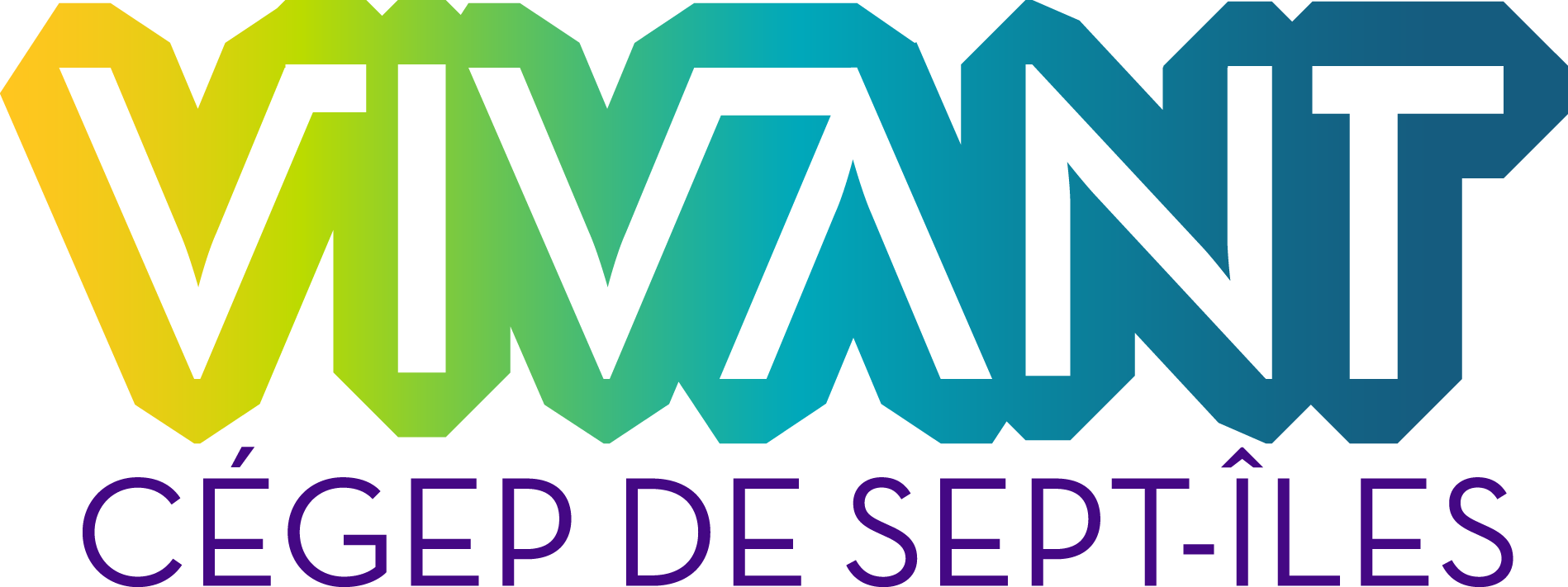 Le logo comporte le mot « VIVANT » dans un dégradé de couleurs allant du jaune au bleu, au-dessus de l'inscription « CÉGEP DE SEPT-ÎLES » en lettres majuscules violettes sur fond blanc.