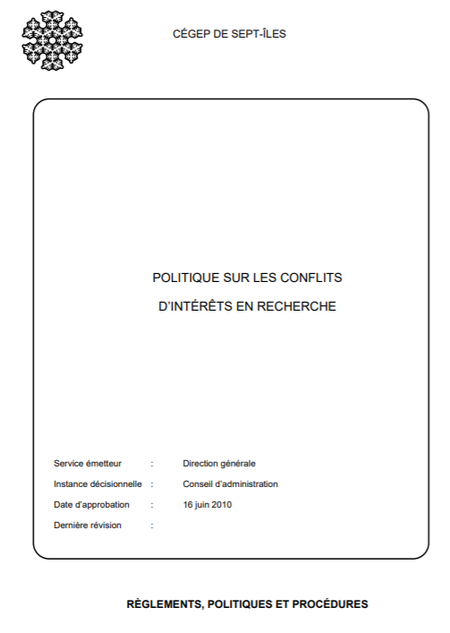 Page titre de la Politique sur les conflits d'intérêts en recherche