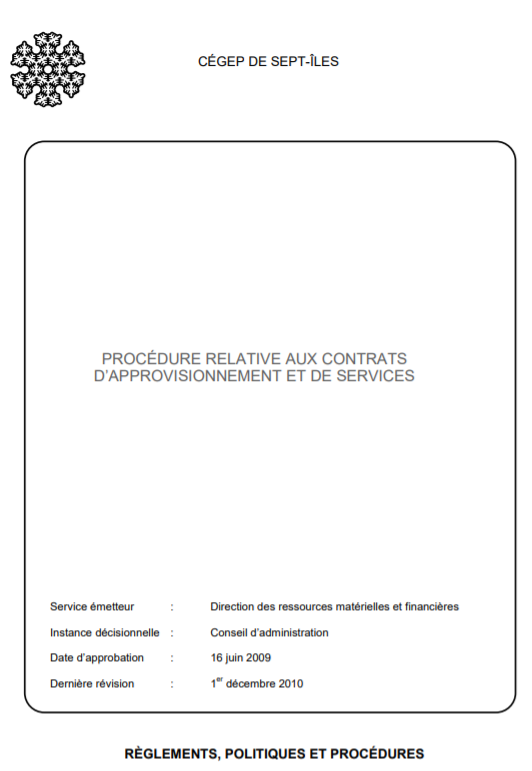 Page titre de la Procédure relative aux contrats d'approvisionnement et de services