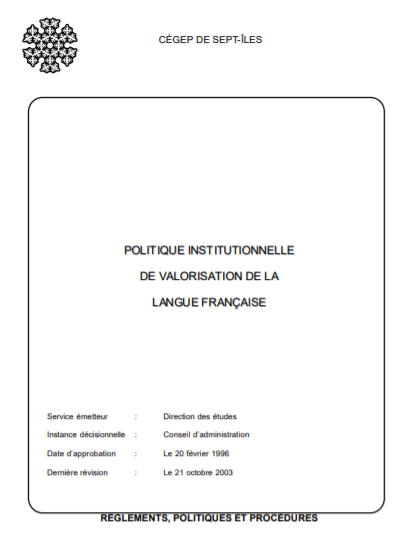 Page titre de la Politique institutionnelle de valorisation de la langue française