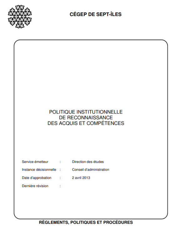 Page titre de la Politique institutionnelle de reconnaissance des acquis et compétences