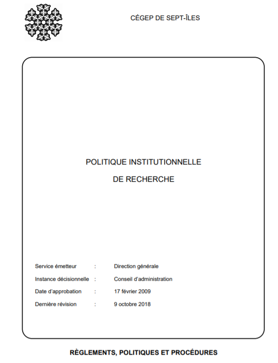 Page titre de la Politique institutionnelle de recherche