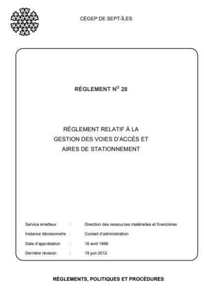 Page titre du Règlement relatif à la gestion de voies d'accès et aires de stationnement