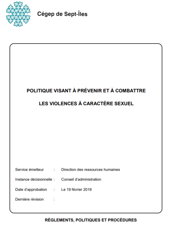 Page titre de la Politique visant à prévenir et à combattre les violences à caractère sexuel