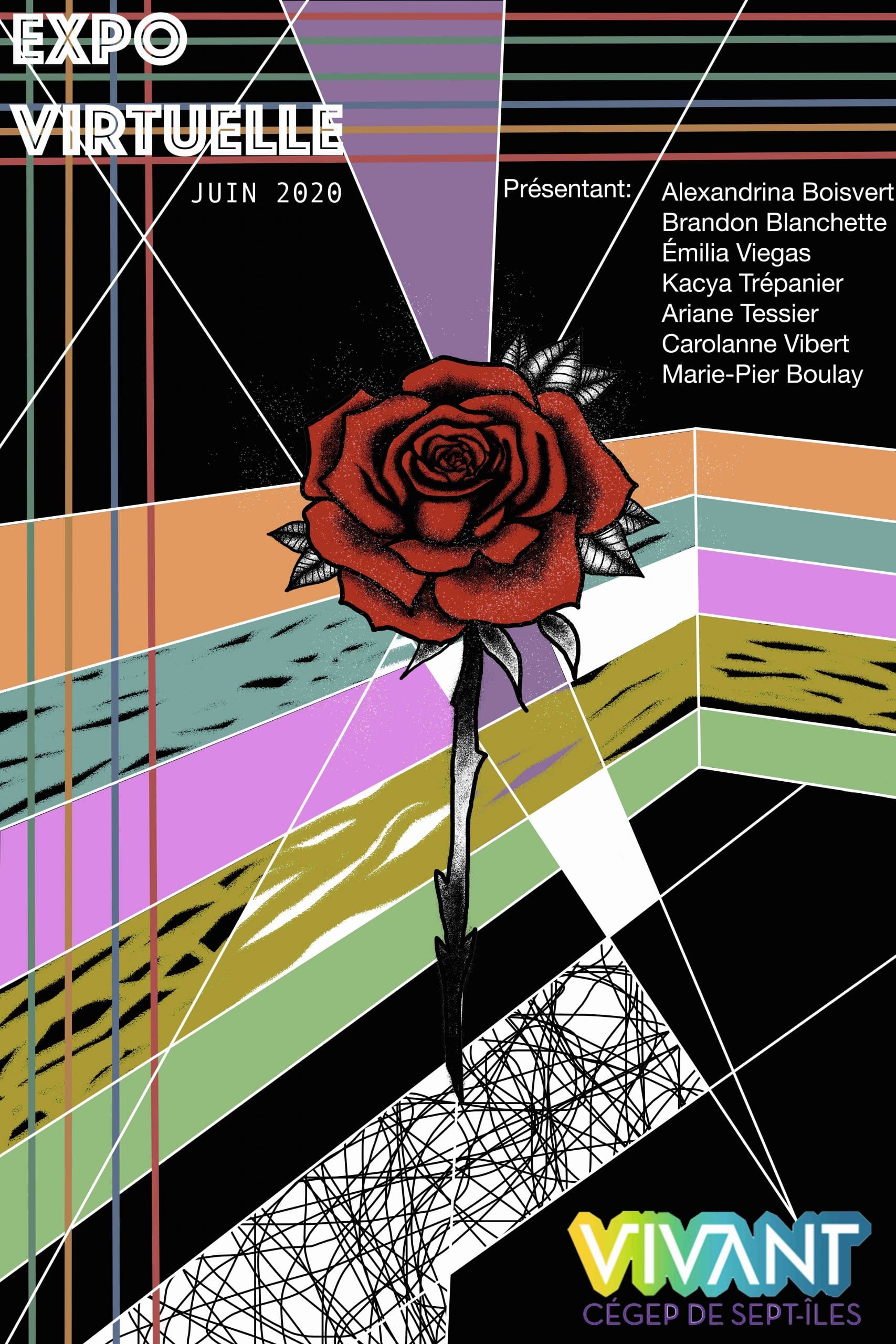 Affiche pour une exposition d'art en ligne représentant une rose rouge, des motifs géométriques, des lignes aux couleurs de l'arc-en-ciel et une liste de noms d'artistes. L'événement, intitulé « Expo Virtuelle », s'est tenu en juin 2020 au Cégep de Sept-Îles.
