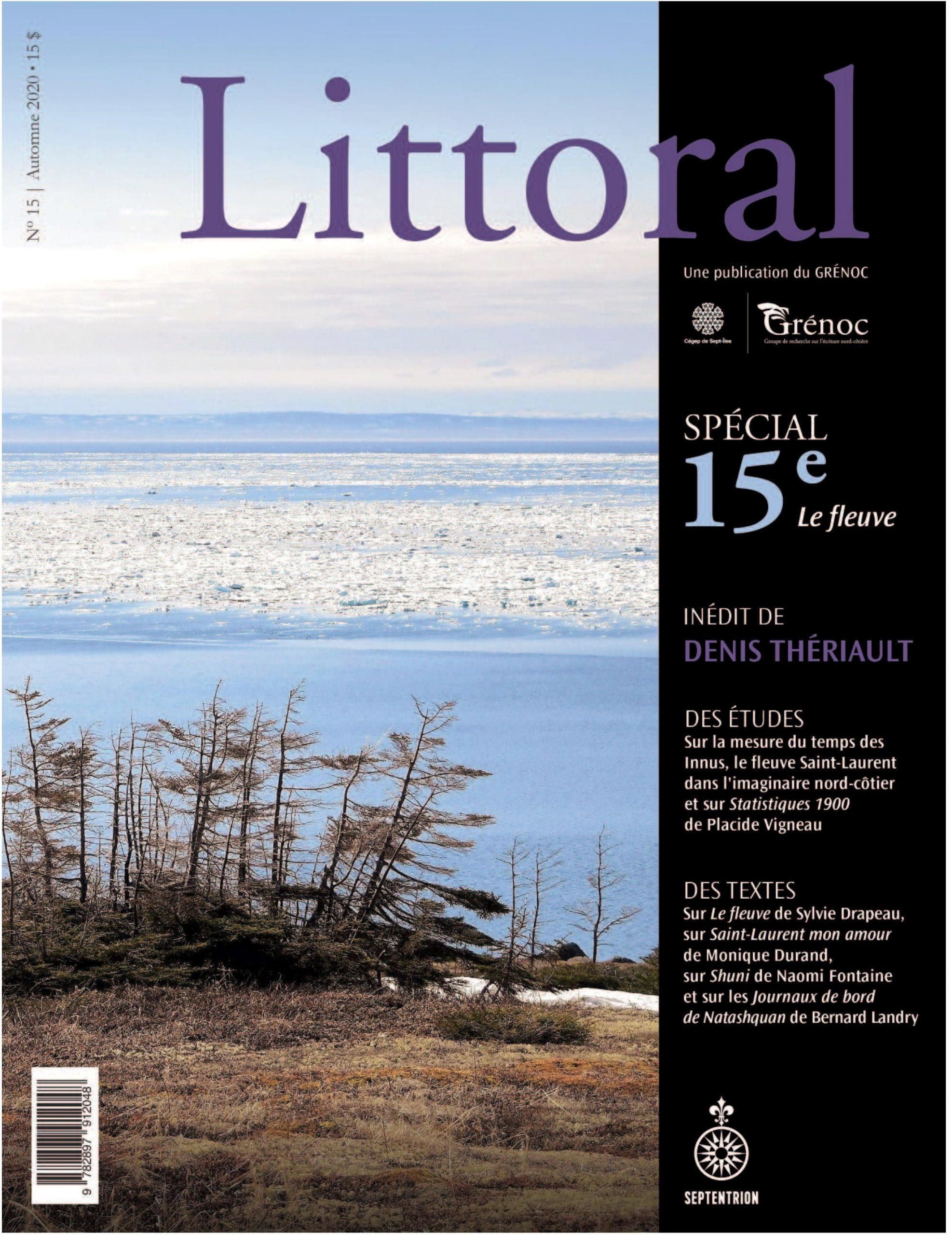Couverture du magazine « Littoral » représentant un paysage riverain avec des arbres dénudés et un ciel nuageux, ainsi que des titres d'articles en français et une colonne latérale violette à droite.