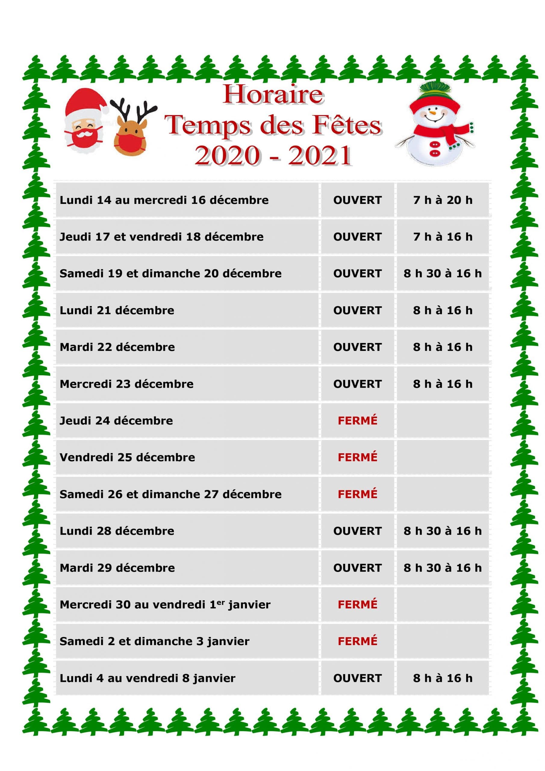 Calendrier des jours fériés 2020-2021 en français, avec les dates et les jours indiqués comme « OUVERT » ou « FERMÉ ». Bordure sur le thème de Noël avec des sapins, des rennes et un bonhomme de neige.