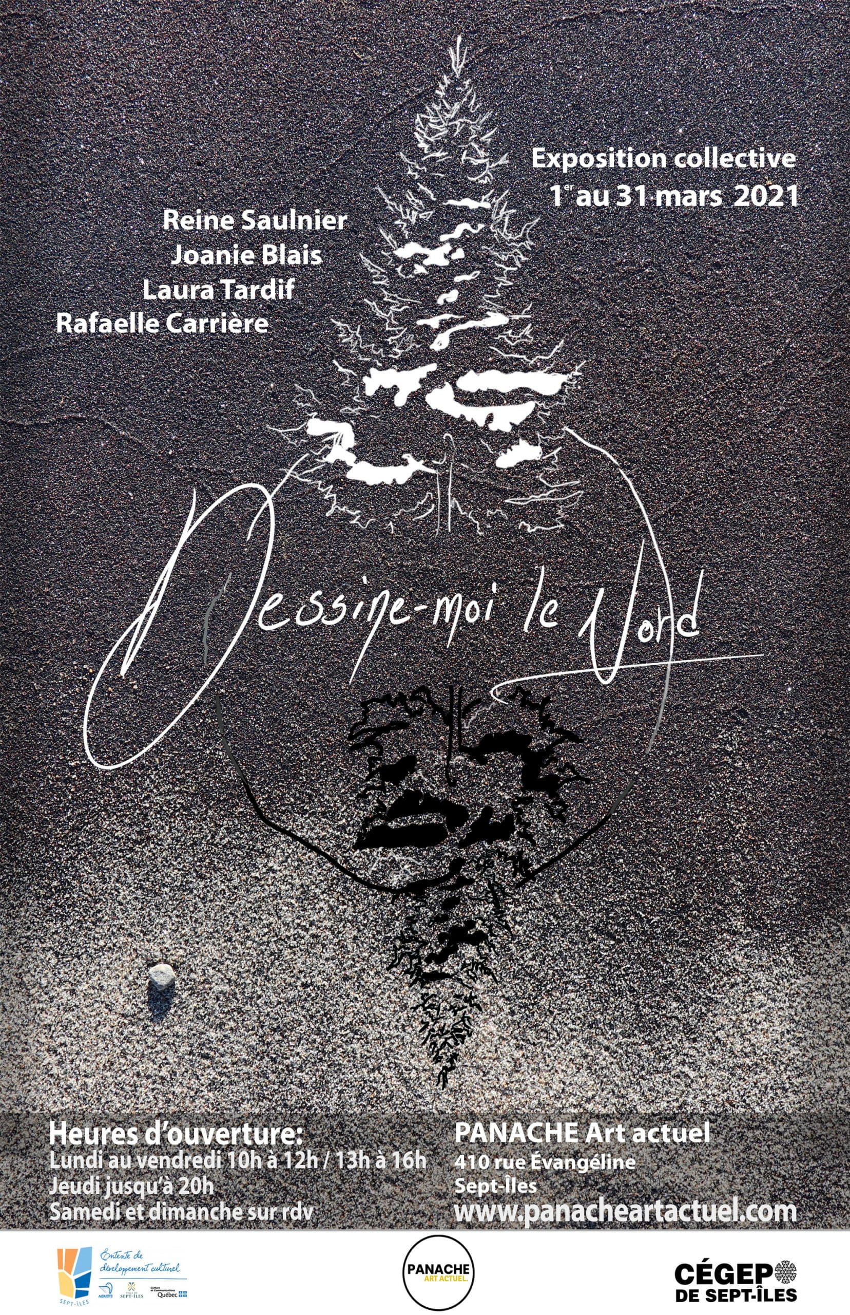 Affiche de l'exposition « Dessine-moi le Nord », qui s'est tenue en mars 2021, représentant un dessin d'arbre blanc sur fond enneigé, avec en bas les noms des artistes et les détails de l'événement en français.