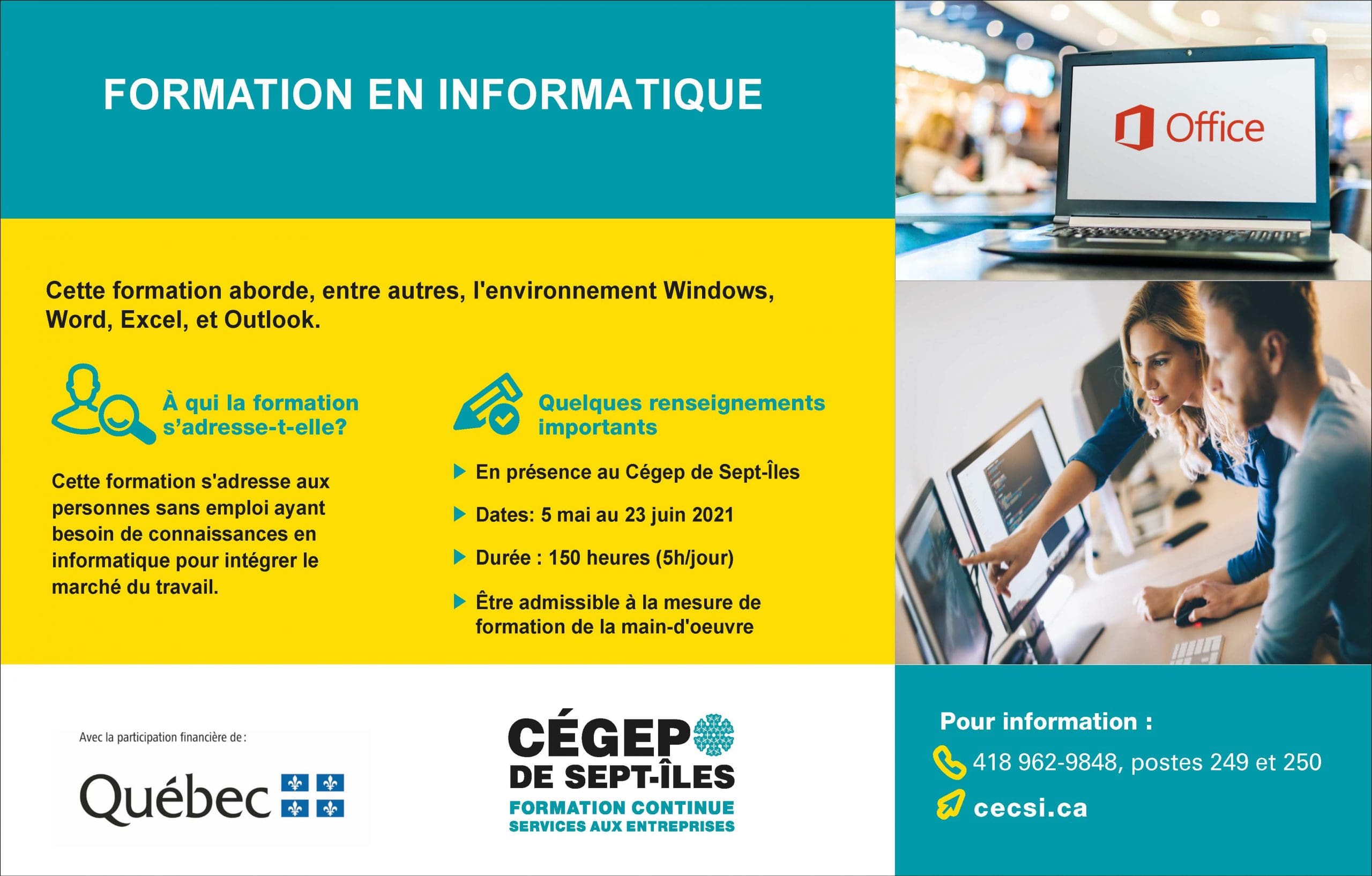 Dépliant promotionnel pour une formation en informatique, comportant le logo d'Office, les détails du cours, les coordonnées ainsi que les logos du Québec et du Cégep de Sept-Îles. Le texte met en avant le contenu du cours, le public cible et les horaires.