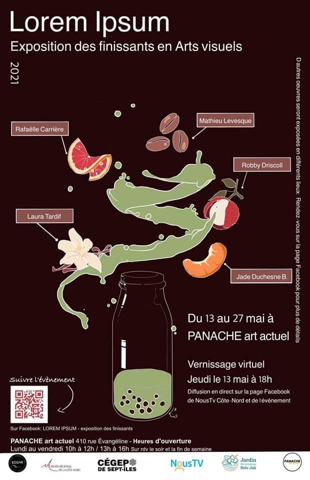 Affiche pour une exposition virtuelle d'arts plastiques représentant des fruits flottants, un bocal, les dates de l'événement et les noms des participants sur fond noir, avec en bas les logos des réseaux sociaux et de l'organisateur.