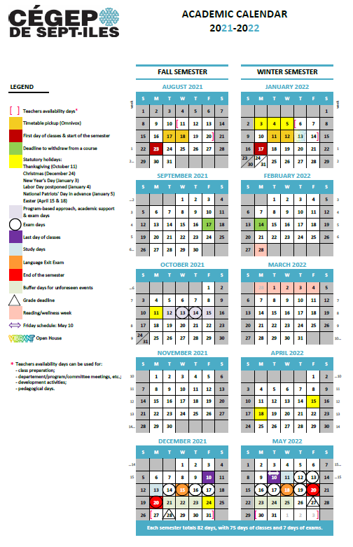 Academic Calendar - Fall Semester 2021 And Winter Semester 2022 - Cégep De Sept-Îles