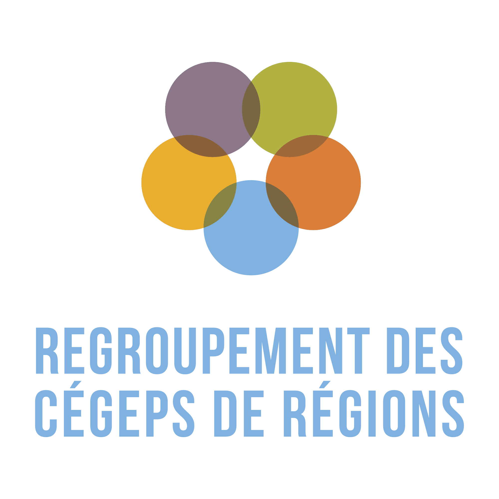 Logo composé de cinq cercles superposés de couleur violette, verte, orange, jaune et bleue, au-dessus du texte en français « REGROUPEMENT DES CÉGEPS DE RÉGIONS », écrit en majuscules bleu clair sur fond blanc.