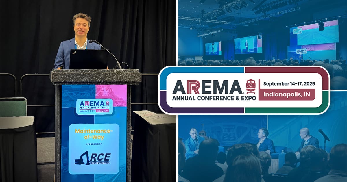 Un intervenant se tient à la tribune lors de la conférence annuelle et du salon AREMA. À droite, un graphique présente les détails de l'événement : du 14 au 17 septembre 2025, à Indianapolis (Indiana), avec des photos de participants et d'intervenants.