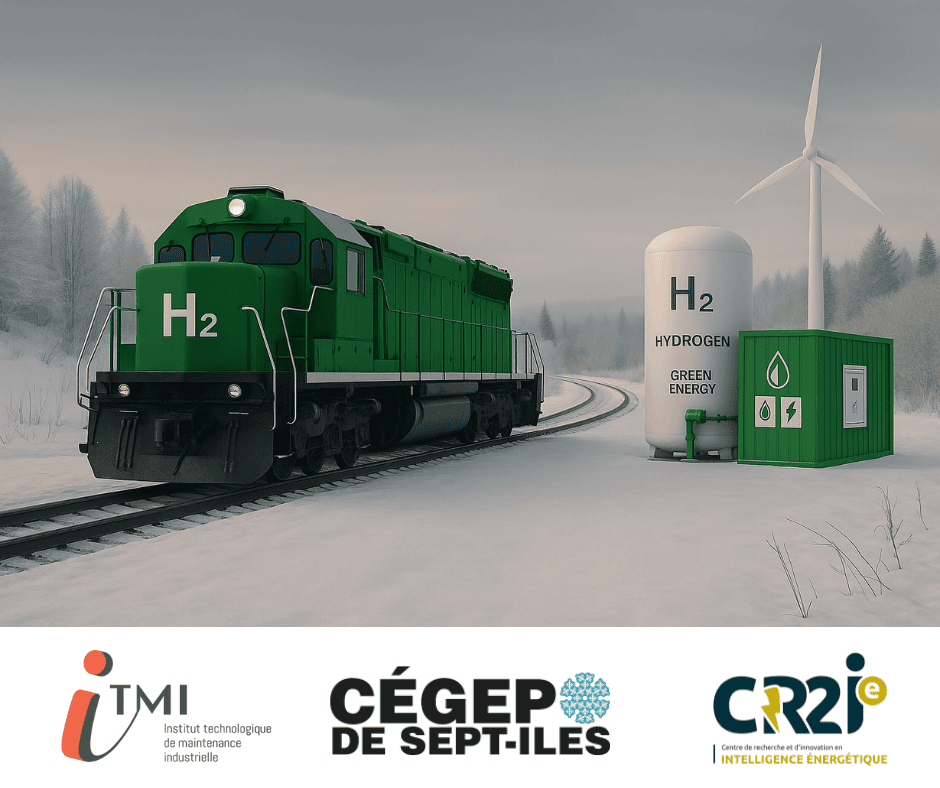 Un train fonctionnant à l'hydrogène vert sur des voies enneigées, avec un réservoir d'hydrogène, un petit bâtiment vert et une éolienne à proximité. Les logos de l'ITMI, du Cégep de Sept-Îles et du CR2iE figurent en bas de l'image.