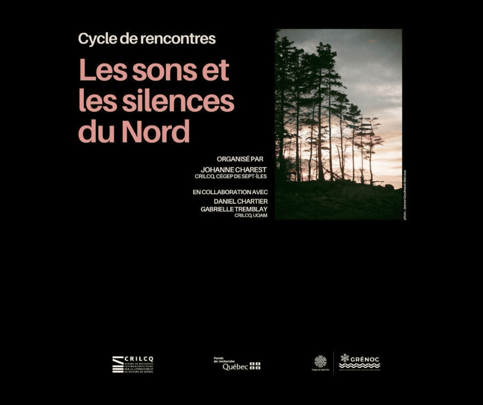 Affiche d'événement représentant une photo de grands arbres se découpant sur un ciel au coucher du soleil. Le texte en français indique : « Les sons et les silences du Nord », et la liste des organisateurs et des sponsors figure en bas. L'arrière-plan est principalement noir.