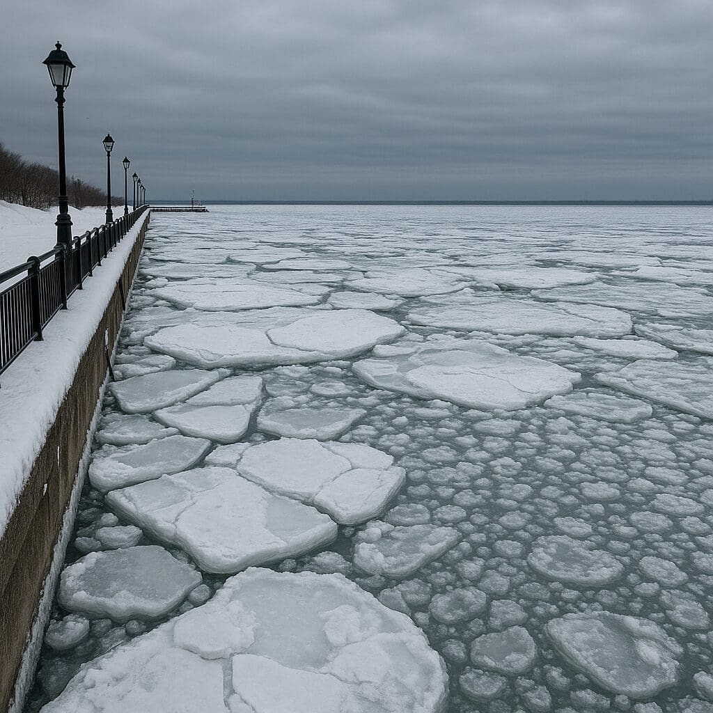 Un lac gelé recouvert de vastes plaques de glace lisses, avec, sur la gauche, une allée enneigée bordée de lampadaires, sous un ciel nuageux.