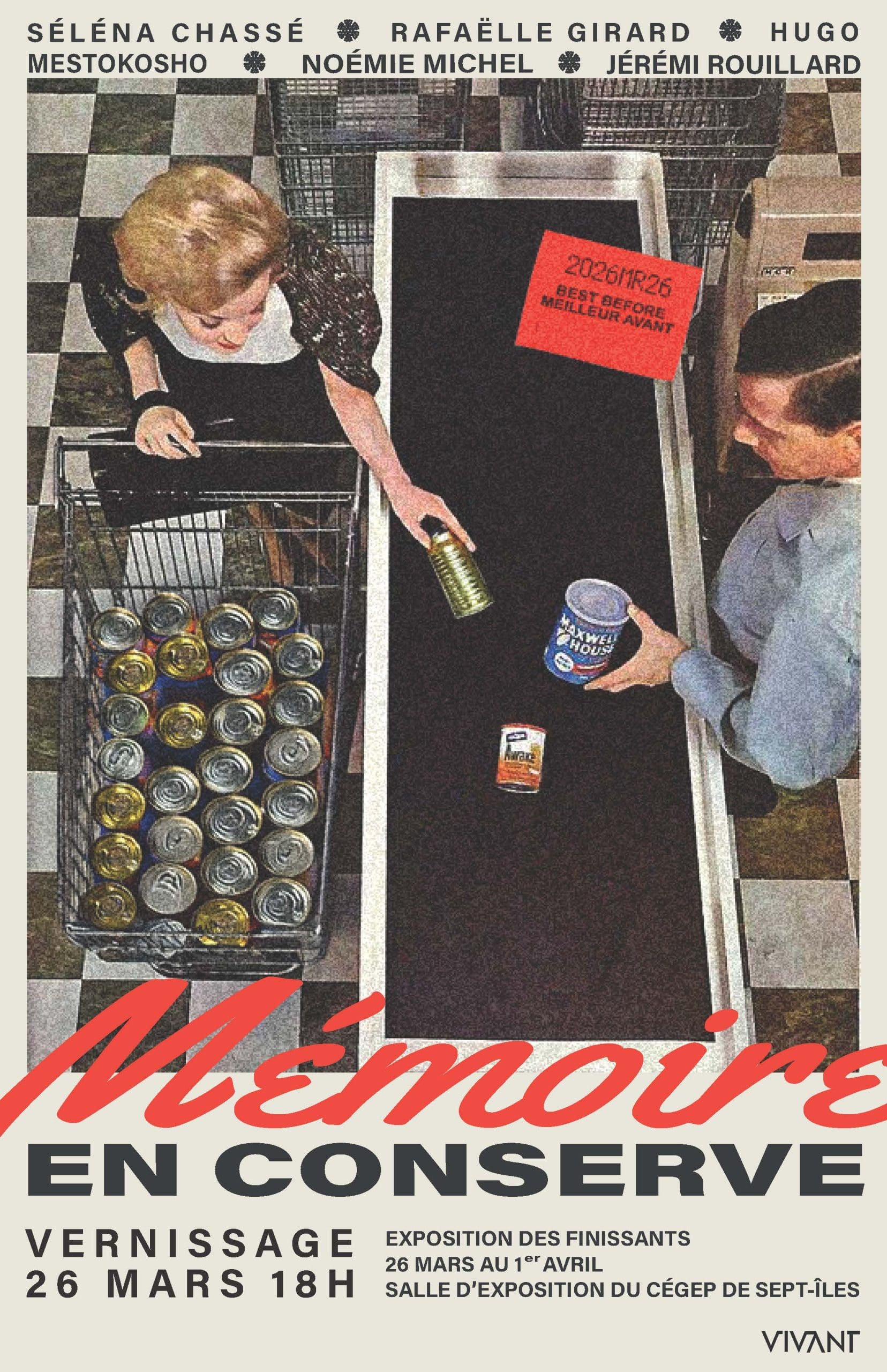 Un homme et une femme déposent des conserves sur un tapis roulant dans une épicerie. L'image fait la promotion de l'exposition artistique « Mémoire en conserve », dont les détails figurent en bas de l'image.