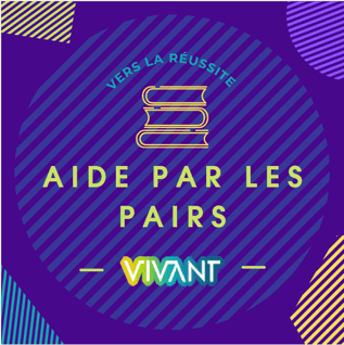 Graphisme violet avec des rayures diagonales, une icône représentant une pile de livres et le texte « Vers la réussite. Aide par les pairs. VIVANT. ». Des touches de couleur agrémentent les coins.