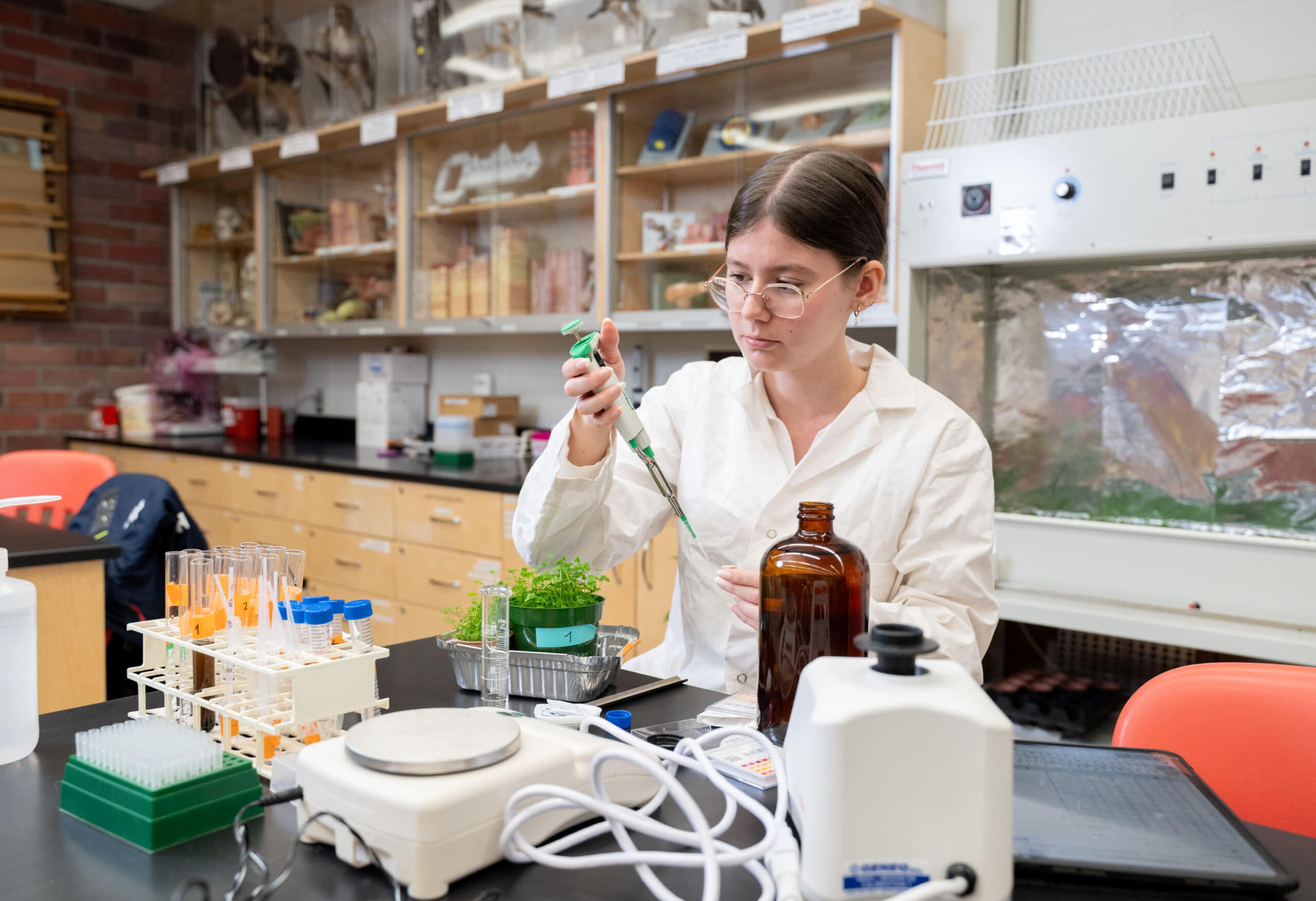 Une personne vêtue d'une blouse blanche de laboratoire utilise une pipette près de plantes posées sur une table, au milieu d'équipements de laboratoire, de tubes à essai et de flacons, dans un laboratoire de sciences.