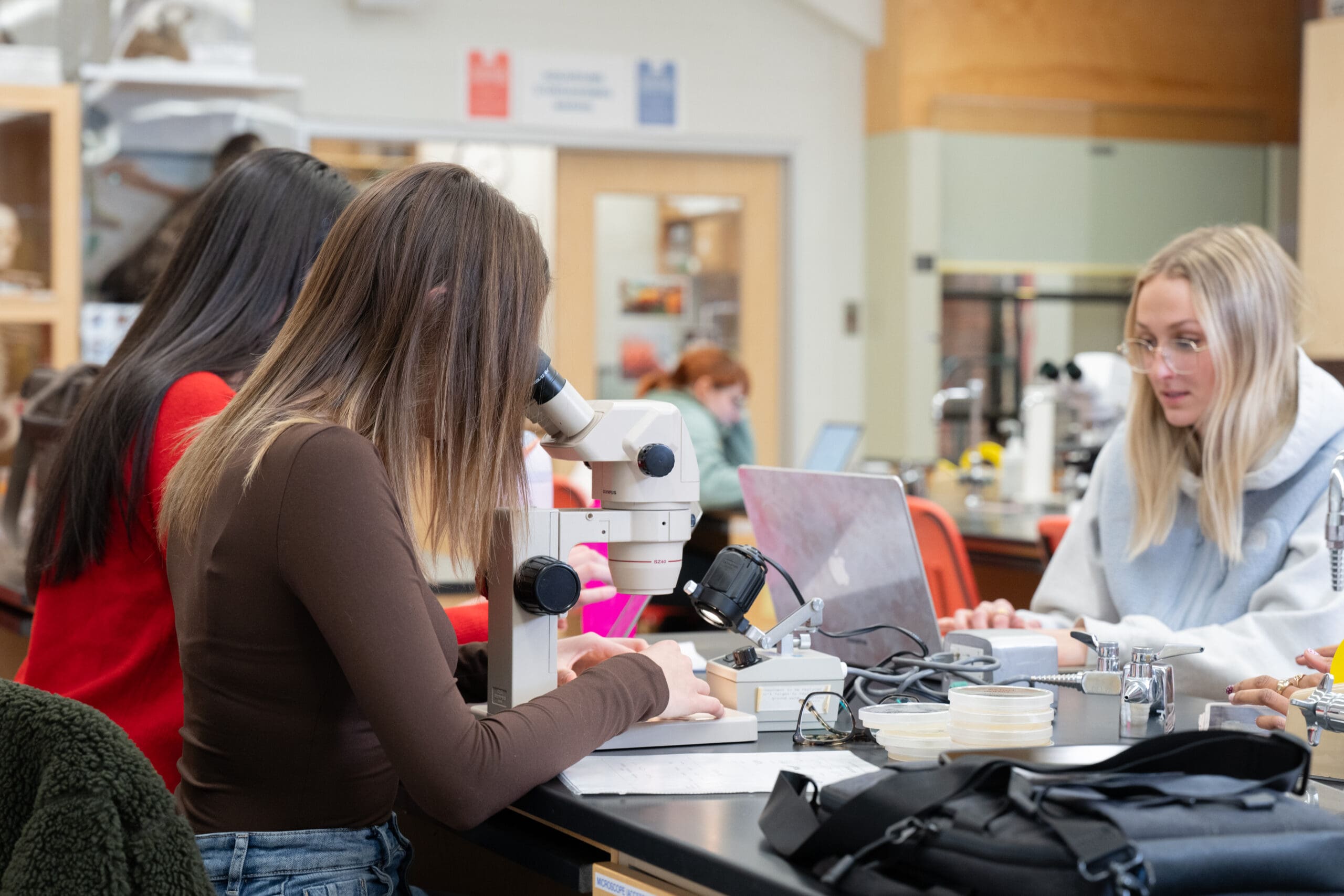 Trois étudiants sont assis à une table de laboratoire ; l'un utilise un microscope, un autre travaille sur un ordinateur portable, et on aperçoit du matériel de laboratoire sur la table. La scène se déroule dans une salle de classe bien éclairée.