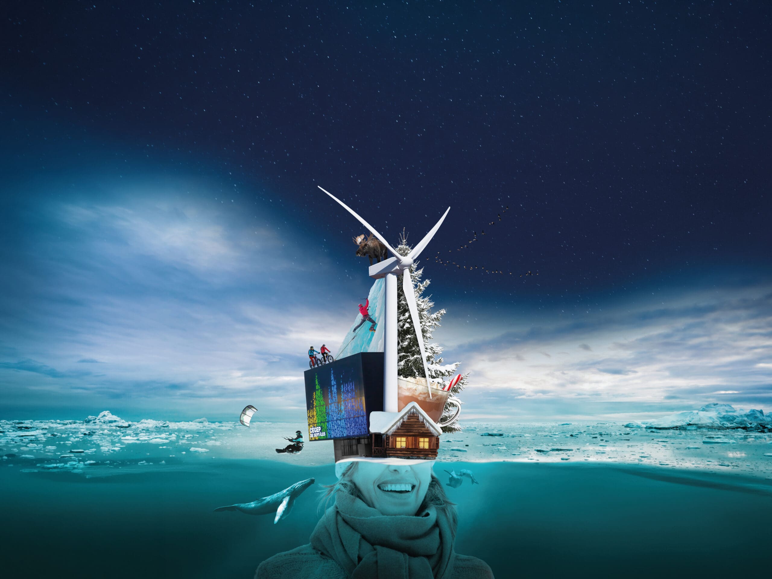 Une scène hivernale surréaliste : la tête d'une personne souriante se fond dans un paysage glacé, surmonté d'une éolienne, de skieurs, d'un chalet, d'un sapin de Noël, de baleines et de kitesurfeurs, sous un ciel étoilé.